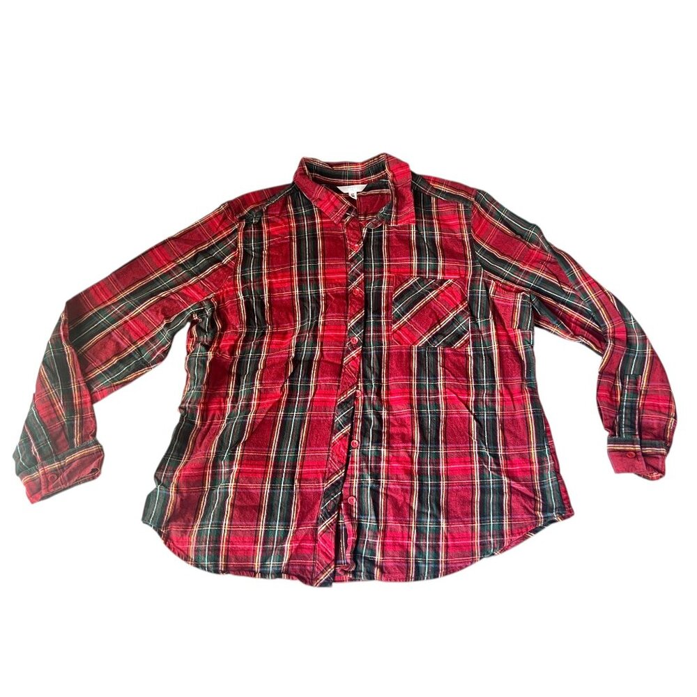 Time And Tru Womens Plaid Flannel Shirt XXL Red & Green Long Sleeve Button-Up